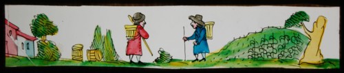 Hand-painted lantern plate with pedlars, slide plate slideshope images glass paper, Hand-painted slides with top and bottom