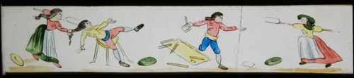 Hand-painted slide with brawl between young men and women, slide plate slideshope images glass paper, Hand-painted slides