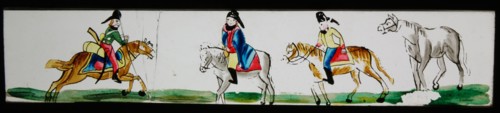 Hand-painted lantern plate with riders, slide plate slideshope images glass paper, Hand-painted slides on the edges finished