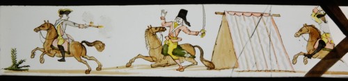Hand-painted slide with fighting riders, slide plate slideshope images glass paper, Hand-painted slides on the edges finished