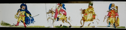 Hand-painted lantern plate with strangely dressed soldiers, slideshelf slideshare images glass paper, Hand-painted slides