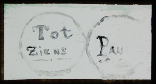 Hand-painted slide with text Tot Ziens and Pau (ze), text plate, slide slide diapositive footage glass paper, Hand-painted slide