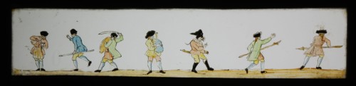 Hand-painted lantern plate with soldiers engaged in various actions, slide plate diapositive footage glass metal, Hand-painted