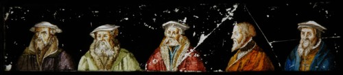 Hand-painted lantern plate with portraits of dignitaries Renaissance, slide plate diapositive footage glass metal, Hand-painted