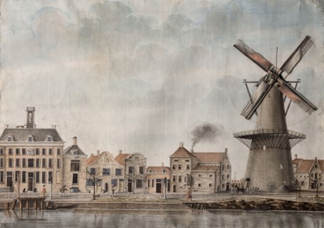 View of the Achterhaven in Delfshaven with mill De Waakzaamheid, with mechanics, drawing watercolor painting diorama footage