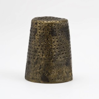 Copper pressed thimble with decorated collar, thimble sewing kit soil find copper brass metal, cap, opening, pressed Copper