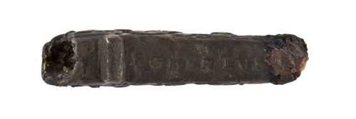 Mesheft with ornament and initials embossed, handle knife cutlery soil find copper brass metal, poured beaten Copper blade