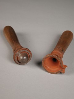 Two-piece bronze mold for lid of small jug, cast molding tool tools base metal bronze wood iron, cast molded Two-piece bronze