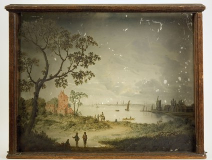painter: Bartholomeus Barbiers, Perspective box with four painted glass plates, Dutch landscape with water, boats and buildings