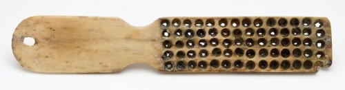 Legs brush without hair, brush soil found leg brass metal, sawn drilled Plate with seventy drilled holes that are wide