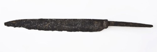 Long narrow blade of knife, with narrowed sting, blade knife cutlery soil find iron copper metal, blade, angel, forged Long