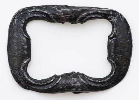 Rectangular shoe buckle with rounded corners and simple decoration, clasp fastener component soil find tin metal, cast Slight