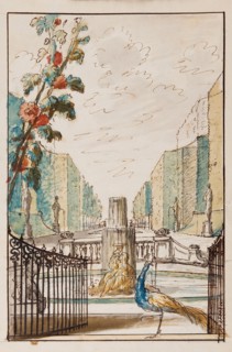 Atelier Van Nijmegen, Design for wallpaper, palace garden with fountain, in the foreground peacock, design drawing