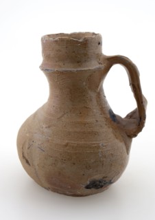 Stoneware jug, small and rounded model with collar around neck, on stand, jug holder soil found ceramic stoneware glaze salt