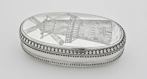 Jacobus Das van Leyden, Silver oval tobacco box engraved with representation of the Blauwmolen, high stone mill, and Joseph