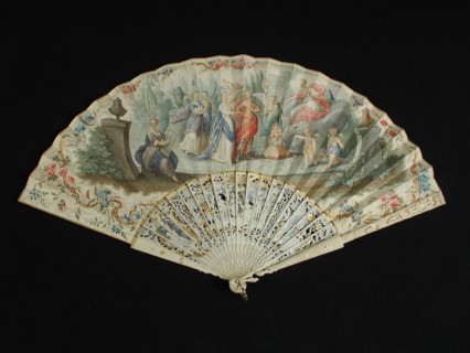 Folding fan, motif of carved and painted ivory, multicolored painted leaves with classic representation Venus, folding fan range