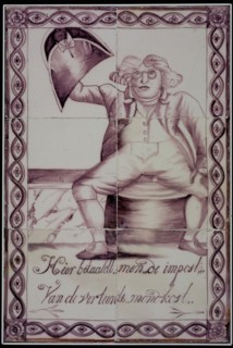 Aalmis (?), Verwijk (?), Schut (?), Tile picture of six pieces with in purple man on poop chair and inscription Here one pays