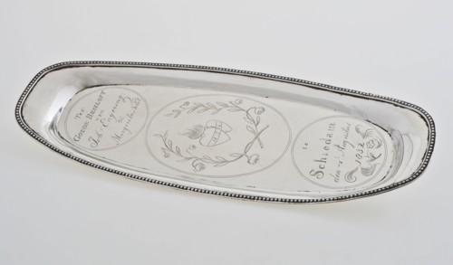 Silversmith: Jacobus Schalkwijk, Silver pen tray with engraved Ter Goude Wedding by Joh.S Engering & Margerita Nolet