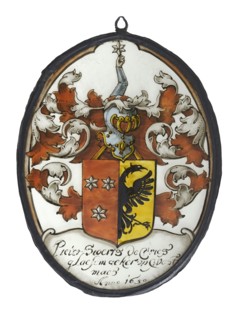 glaspainter: Pieter Swerts de Vries?, Window hanger, painted glass with arm of Pieter Swerts de Vries, stained glass painting