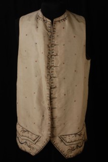 Men's vest, sleeveless and without collar, cut-away fronts, with embroidery in pink and green, vest outerwear men's clothing