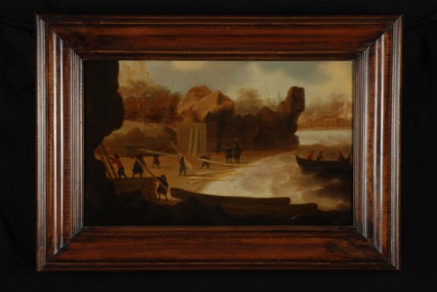 Abraham Verlinden, Wood yard to bay, painting footage oil painting wood, Painting: oil on panel lying rectangle