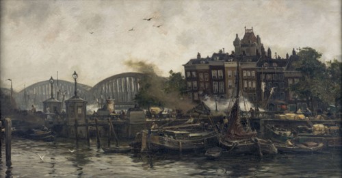 August Willem van Voorden, The Vierleeuwenbrug at the Oude Haven in Rotterdam, cityscape painting of canvas linen oil paint