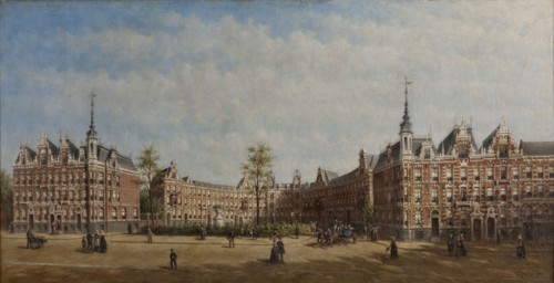 Petrus Gerardus Vertin, View of the Koningin Emmaplein in Rotterdam with figures, cityscape painting of canvas linen oil paint