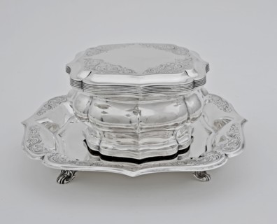 Silversmith: J. Lang & C. Koops, Square silver cookie jar with lid on top, cookie jar holder silver, forced engraved on mold