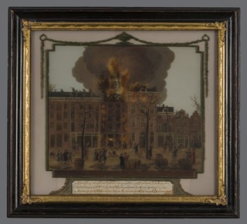 painter: JN, Rear-glass painting 'fire in brewery De Rode Leeuw at the Haringvliet, an inlet of the North Sea, in the province