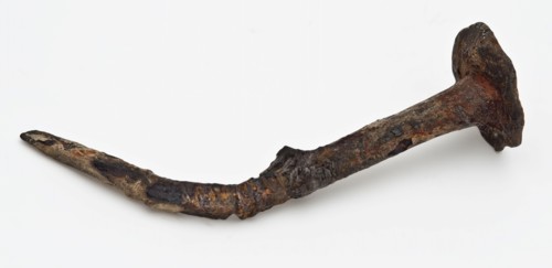 Forged nail with large head and square, nail fastener soil find iron metal, forged Hand forged iron nail or nail Large round