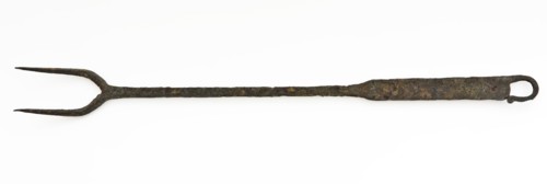Iron frying fork, fork with two teeth, fork kitchen utensils soil find iron metal, forged Large iron fork Handle with trench