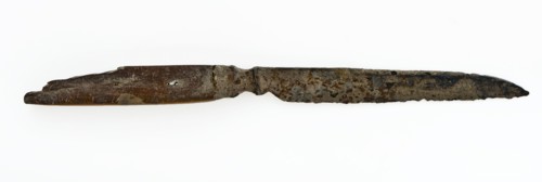 Blade with fragment legs raises, knife cutlery soil find iron bone metal, archeology Rotterdam railway tunnel Soil discovery