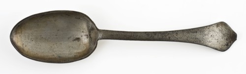 Pewter spoon with Engelmerk in steel backside above, spoon cutlery soil find tin metal, Steel top behind: angel in oval