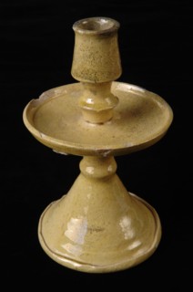 Earthenware candlestick on high base, white shard and yellow glazed, candlestick candlestick lighting fixture foundations