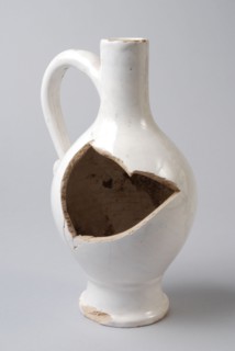 Faience jug on stand foot, white glazed, ball model, cylindrical neck, jug crockery holder soil find ceramic earthenware glaze