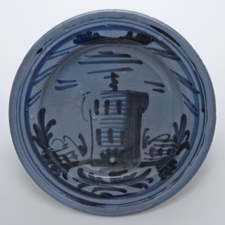 Blue majolica, berettino dish with tower as image, dish crockery holder soil find ceramic earthenware glaze tin glaze, hand