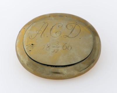 Oval tobacco box with engraved monogram .C.D, 3-12-1860 on hinged lid, tobacco box holder copper brass, Oval round wall hinging