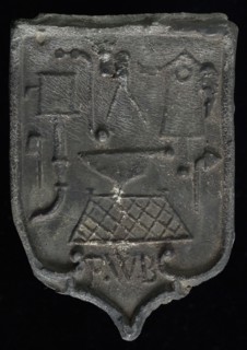 FWB, Roof lead, shield-shaped cover plate with initials FWB and various guide tools, bracing lead quality mark metal lead, Roof