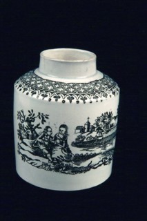 Sadler and Green, White tea caddy with in gray man and woman in landscape and two bulls, tea caddy holder ceramic earthenware