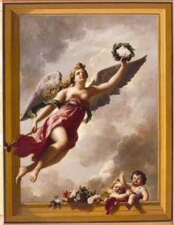 Adriaen van der Werff, Ceiling piece representing De Faam, painting visual material oil paint wood, Ceiling piece. Oil on canvas