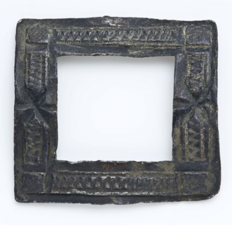Pewter buckle, rectangular, framed relief embossed, marked, buckle fastener part soil find tin metal, cast Pewter shoe buckle