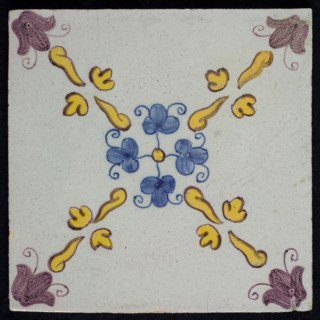 F.J. Kleyn, Ornament tile, clovers, Rotterdammer cross rose, corner pattern flower?, wall tile tile sculpture ceramic