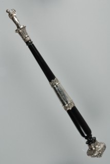 Silversmith: Jean George Grebe, Ebony dirigeer pole with silver fittings, topped with molded sculpture of lyre-bearing Muse
