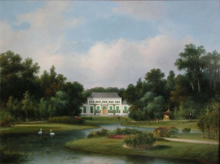 Lodewijk Johannes Kleijn, View of the country house De Heuvel in the Park with pond containing two swans, landscape painting