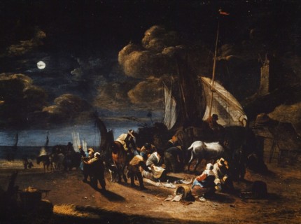 Hendrik de Meijer, Fishermen on the beach at night, painting footage wood oil panel, Fishermen on the beach at night panel