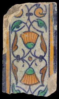 Border tile, flower decoration in blue, yellow and green, upper and lower edge blue and yellow, border tile wall tile tile