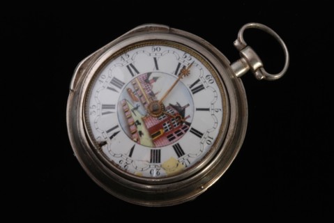 Samuel Ruel (watch), Pocket watch with enamel dial with port quay scene in color and with gold interior and exterior case