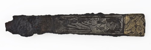 Mesheft with engraved representations of Peter and Virtue, has knife cutlery soil find copper brass tin metal, forged cast