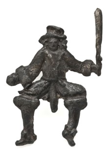Tin soldier: man with club and phallus or attachment pin, toy relaxing tool miniature soil find tin metal, cast Tin soldier