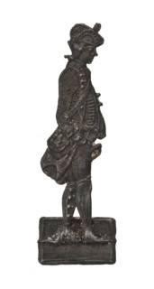 Pewter soldier in uniform with musket, toys, very thin, soldier toy recreation tool miniature soil find tin metal, w 1.9 cast